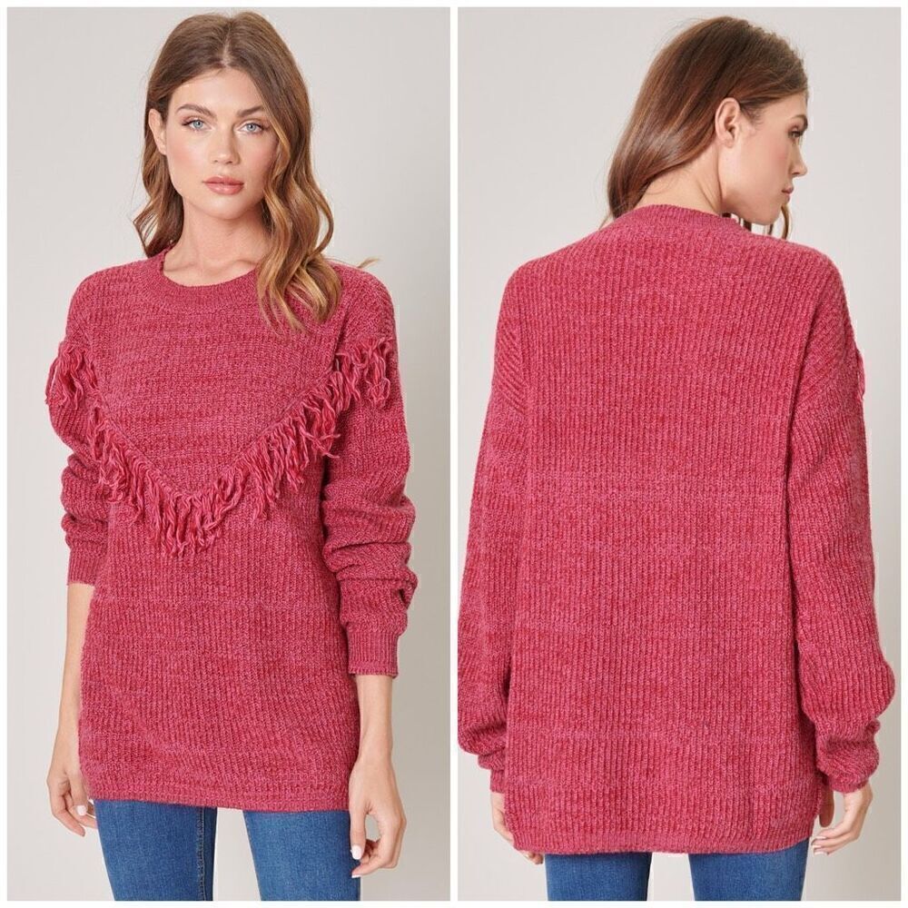 Sugar Lips Sonoma Oversized Openwork Fringe Sweater (Pink Red) - Medium